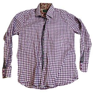 Insertch Mens Shirt Medium Jacquard Cotton Paisley Collar Purple & White Gingham